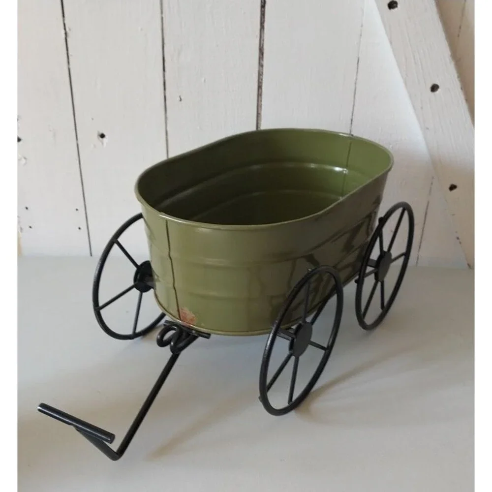 Olive Green Metal Wagon Planter w/ Rustic Black Wrought Iron Wheels Tabletop